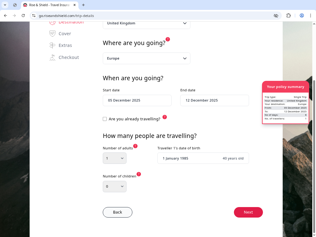 How to buy travel insurance online - step 2